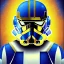 Placeholder: trés beau capitaine galactique, star wars style, avec costumes bleu et or , arrière fond bleu galactique étoilés, casque