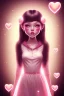 Placeholder: girl, happy, smiling, surrounded by hearts, black hair, long hair, brown eyes, portrait, pink dress