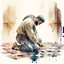 Placeholder: A man prostrating in islamic prayer, wearing shalwar qameez, background of islamic pattern, watercolour painting