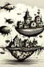 Placeholder: Surreal ink illustration of a small village on the back of a flying fish, steam punk style, minimalistic, surreal