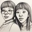 Placeholder: a drawing of two women's sketched on paper, in the style of quirky expressions, rusticcore, chiaroscuro sketches, yosuke ueno, rough clusters, close up, comical caricatures