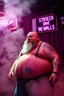 Placeholder: An "Mischief man" performing at dance club, his name is "TIM" fat, bald with beard and looks crazy, Paint on stage, Neon lights and smog, "STRECK ON THE WALLS" SIGN ON WALL