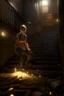 Placeholder: angry cleaner lady, fireflies , staircase hall, 4 k, down light, depth of field, trending on art station, high detail, cracked ground