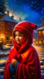 Placeholder: Painting of a cute girl in a red hat and shawl, snowfall in the background, bright night, by Thomas Kinkade