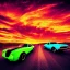 Placeholder: art deco, cyberpunk, two neon muscle cars, race, desert road, sunset, full colour, hd,