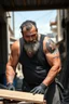 Placeholder: full figure shot, strong muscular chubby turkish carpenter in tank top, very hairy, 48 years old , sweat and wet, bull neck, tattoo, short beard, working in the middle of the street under the sun