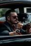 Placeholder: A strong balg man smoking a cigar in a Gtr