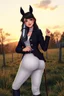 Placeholder: In a realistic, non-anime, cartoon style like Rubine by Walthery: Bust shot of 35-year old, bit chubby Scandinavian dark-haired mansion owner lady with green eyes, wearing equestrian attire with tight white pants and black or blue jacket and a riding crop, posing standing in Bavarian countryside in sunrise.