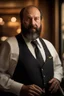 Placeholder: half figure shot photography of a 44 years old serious sicilian waiter in uniform, similar to Bud Spencer, shaved hair, bearded chubby man with hands in the pockets, in an elegant empty restaurant, bulge, bullneck, manly chest, unshaved, short hair, photorealistic, dim light , side light, view from the ground