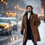 Placeholder: Modern Pan, Greek mythology, thin man with brown hair, a rainbow beard and sideburns, amber eyes, bronze skin, wearing black weather coat with white high neck, wearing a white knit jumper walking on snow, snow rain, blur background, studio portrait, Real soft and smooth, HDR real, DSLR result, extreme real