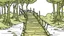 Placeholder: Cartoon style: far far away, at the end of the bridge, there is one tiny wooden house