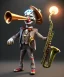 Placeholder: mechanoid clown playing jazz with a steampunk theme, trumpet, realistic