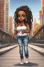 Placeholder: Create a airbrush a chibi cartoon of a curvy black female with long ombre dread locs in her hair. She is wearing high profile sneakers with tight white cut up jeans and an orange off the shoulder blouse. Prominent make up with brown eyes. Her hair is highly detailed and shiny. Background of her walking on a sidewalk on a bridge.