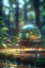 Placeholder: picture of a magical forest sparkling with light,cute chat robot inside transparent egg that is driving a car wooden bridge,shot on Hasselblad h6d-400c, zeiss prime lens, bokeh like f/0.8, tilt-shift lens 8k, high detail, smooth render, down-light, unreal engine, prize winning