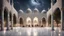 Placeholder: Hyper Realistic People-Praying inside Beautiful-Decorated-Huge-Grey-Brick-Mosque with white-marble-flooring & Beautiful-Lighting-Decorations at night with stars on sky & beautiful trees