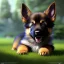 Placeholder: pixar style, volumetric garden environment and background, realistic painting of a cute midget german Shepherd puppy laying on the ground, looking excited, detailed digital painting, extreme dense and fine fur, anime, ornate, colour-washed colors, elegant, small minutiae, tiny features, particulars, centered, smooth, sharp focus, renderman gofur render, 8k, uhd, detailed eyes, realistic shaded volumetric lighting, sunlight caustics, backlight, centered camera view