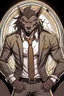 Placeholder: Buff, anthro, wolf, himbo, black fur, gold eyes, wearing a suit, full-body, muscles, strong, muscular, man boobs, bulky, tail, dark fur, smug grin, hands on hips,