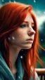 Placeholder: beautiful girl with red hair dreaming of a love world with rain effect