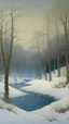 Placeholder: A white winter forest with a frozen creek and falling snowflakes designed in ancient Roman mosaics painted by Birge Harrison