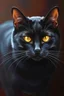 Placeholder: prompt: A painting that pays homage to the elegance and animal grace of a common black house cat, but also to its stealth and quickness as a dangerous predator, as demonstrated in its presence and seen in its eyes. golden intense eyes, shiny black fur