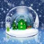 Placeholder: beautiful christmas snow globe inside a room with green walls and christmas wallpaper with snow fall in the window and in the snow globe, bright light shining through the snow globe with christmas elements inside