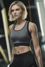 Placeholder: full color Portrait of 18-year-old prude Eliza Taylor with medium length bob-styled blonde hair, tapered on the sides, wearing a black cotton sports bra and short - well-lit, UHD, 1080p, professional quality, 35mm photograph by Scott Kendall