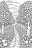 Placeholder: coloring page, apple orchard, cartoon style, thick lines, low detail, no shading