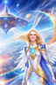 Placeholder: cosmic woman angels smile,admiral high commander from the future, one fine whole face, crystalline skin, expressive blue eyes,rainbow, smiling lips, very nice smile, costume rainbow pleiadian, Beautiful tall woman pleiadian Galactic commander, ship, perfect datailed golden galactic suit, high rank, long blond hair, hand whit five perfect detailed finger, amazing big blue eyes, smilling mouth, high drfinition lips, cosmic happiness, bright colors rainbow, blue, pink, gold, jewels, realist,8k