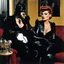 Placeholder: [colour photo by Helmut Newton] Madame Viper and Catwoman in the living room, Madame Viper smokes a cigar and it's inconvenient for Catwoman, unhappy Catwoman coughs