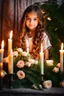 Placeholder: a young 8 years old girl sitting on a couch holding a bunch of flowers,hair, sitting on comfort, roses and lush fern flowers, in a room full of candles, a microscopic photo, cute photograph, from left