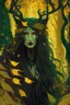 Placeholder: In the heart of a dense and enigmatic forest with towering ancient trees cloaked in emerald, yellow and amber foliage stands an ethereal beauty, her face is perfect, her lustrous hair cascading in ebony waves down to her slender waist in the background the crimson eyes of a large demonic animal are visible