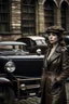 Placeholder: young woman with straight shoulder-length hair, dressed in brown leather trousers and waistcoat, leather gloves and a leather cap in an old industrial courtyard, next to a steampunk steam car