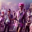 Placeholder: Ultra Realistic photo, medium shot view, drunken dancer women, carnival scene, steampunk. Pink hair, confeti, Sunglasses, smoking, happy, festival, red fog. highly detailed, concept art, unreal engine 5, ray tracing, RTX, lumen lighting, ultra detail, volumetric lighting, 3d, finely drawn, high definition, high resolution.