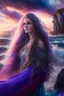 Placeholder: half body shot,realistic portrait of a 20-25 old femal model, long blue pink flowing hair, great grey eyes, ,full body, standing in rocky beach , very big ship, stormy sea with sunset ,clouds,god rays ,storm,rocky beach