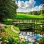 Placeholder: a big dance platform with decor in country side environment ,green field ,flowers , small river,blue sky pretty clouds ,camera looking at horison