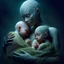 Placeholder: serene yet haunting scene depicts a humanoid cradling two children—one human, one humanoid—in her arms. The humanoid mother gazes at them with a peaceful expression. The human child, wrapped delicately in a green, net-like material, sleeps soundly, while the humanoid child, resembling its mother, nestles beside the sibling. Tears stream from the humanoids eyes, evoking a sense of sorrow suggesting both entrapment and technological dependency. Intricate patterns adorn her head, leading to a majes