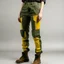 Placeholder: Women model wearing cargo jeans with patch with twill armor jellow and green