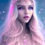 Placeholder: beautiful, soft, smiling face, whole head, long straight blonde hair blues eyes, crown on the head, clothing in transparent bluish and pink veil, background brillante bluish and pink, hight definition, 8K