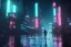 Placeholder: 3D, beautiful, light reflecting, empty future city skyline at night, rainy night, neon, cyberpunk, tron, one cyborg walking, 8k, finely detailed, photo realistic