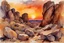 Placeholder: Sunset, rocks, mountains, rocky land, epic, john singer sargent watercolor paintings