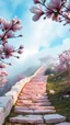 Placeholder: foreground path of a stair to the top of beautiful house on the hill pink glossy stone pastel, pink stones shades, magnolia branches, blurred background, fantasy world in pastel in light pink tones, beautiful clouds and minimalism fog