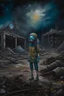 Placeholder: a mesmerizing post-apocalyptic world, the sky filled with stars at night, broken buildings surrounded by debris, the floor is covered with dirt and iridescent oil, a sense of beauty and destruction. An acrylic painting of a lone woman wearing highly detailed safety clothes, wearing a gas mask, aanstanding on a barren. (Acrylic painting by MSchiffer showcasing the meticulous brushstrokes and depth of colors.) Acrylic paint blobs in relief, The pollution looks almost like glowy northern lights in