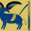 Placeholder: Ukiyo-e style illustration of blue and yellow Bighorn Ram holding a football