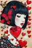 Placeholder: Mail art ,many mails,stamps and butterfly,bugs,potongan majalah disusun acak,Beautiful girl with black hair bob cut,style Pointillism style、It is made up of hearts of various sizes、Clear heart with red color、Highly detailed ,style Illustration、Photorealsitic、glitched、highcontrast .saying "pengen diowol mase".kloase style