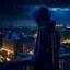 Placeholder: girl in a raincoat, watching the empty city, at midnight, dark grey colours, rainy, atmospheric, photo quality