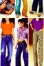 Placeholder: year 1996 denim fashion. Loose fit, low waist, baggy. Colors: denim blue, blue, purple, khaki, light green, lilac, plum, orange, terracotta, red, pink, dark blue, beige. Patterns: cheetah, balls, stripes. Women models. Sharon Stone, Sandra Bullock, Winona Ryder, Milla Jovovich, Big tennis shoes on. Latex in small part, areas, clothes..