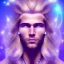 Placeholder: smiling beautifull long hair blond man face with cristal diamond on the forehead , cosmic armor and cosmic purple and blue sky behind