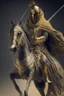 Placeholder: Arab warrior Full Body Full Armored Wearing Face Masculine Mysterious Powerful Fantasy High Quality Carrying his bow Golden clothes His horse behind him 8k