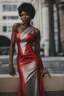 Placeholder: Portrait of a black woman wearing stylish red and silver dress.