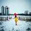 Placeholder: Bonkers absurd and makes no sense, glitchy washed out photography, anthropomorphic bovine sepsis with very long legs and engine udders, girl in sun dress holding a red balloon approaches the cattle gates of nightmare, surreal, profound, dramatic, low contrast, sinister farmpunk, background a creepy absurdist winter snow covered farm with silos with nuclear symbols on them